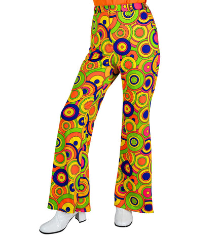 Jaren 70 broek groovy cirkels dames - gele hippie discobroek met cirkelprint