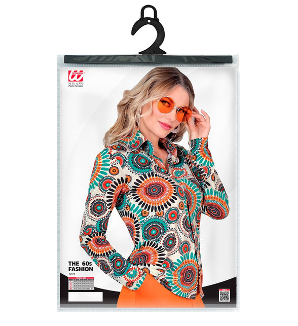 Jaren 70 vintage blouse dames achterkant - kleurrijke hippie discoblouse retro