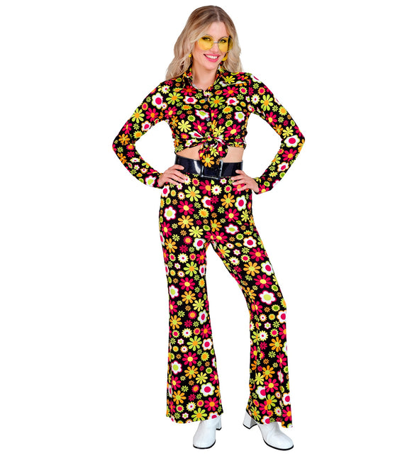 Flowers broek dames gedragen - jaren 70 flower power discobroek retro