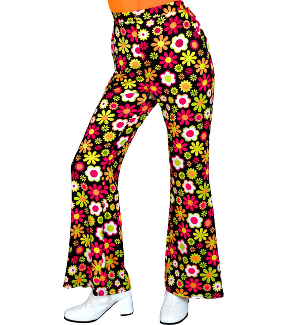 Jaren 70 broek flowers dames - kleurrijke hippie discobroek met bloemenmotief