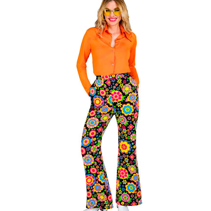 Jaren 70 bloemen broek dames detail - kleurrijke hippie discobroek sixties