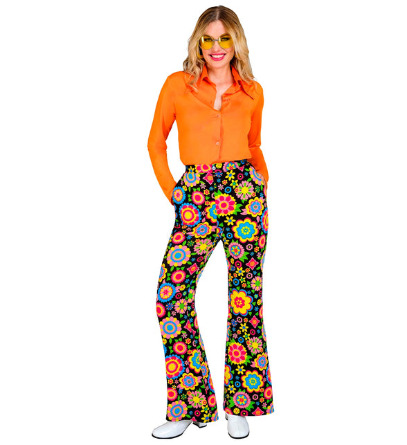 Jaren 70 bloemen broek dames detail - kleurrijke hippie discobroek sixties