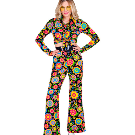 Bloemenfeest broek dames gedragen - jaren 70 flower power discobroek retro
