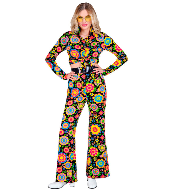 Bloemenfeest broek dames gedragen - jaren 70 flower power discobroek retro
