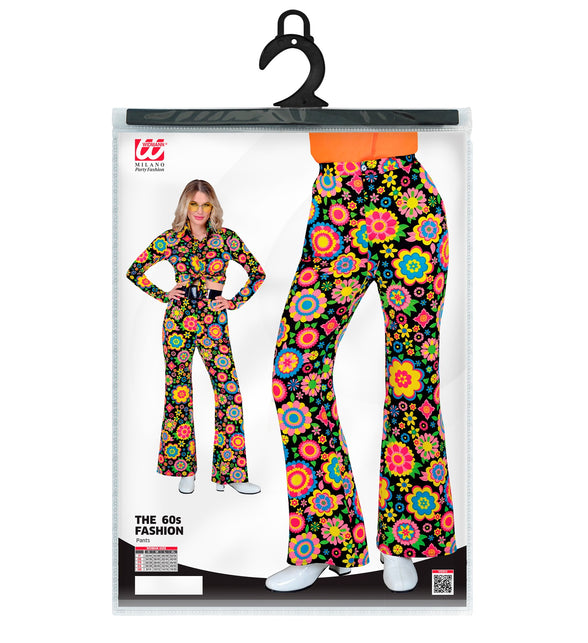 Jaren 70 broek bloemenfeest achterkant - kleurrijke hippie discobroek dames