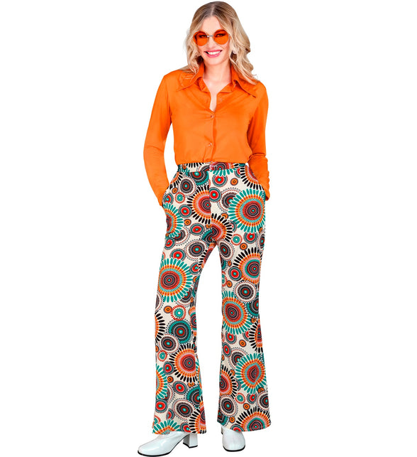 Jaren 70 vintage broek dames detail - kleurrijke hippie discobroek seventies