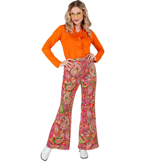 Jaren 70 paisley broek dames gedragen - kleurrijke hippie discobroek seventies