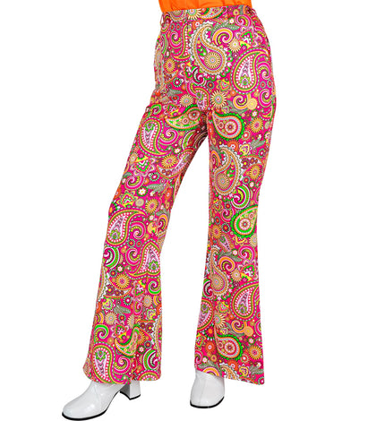 Jaren 70 broek paisley dames - kleurrijke hippie discobroek met paisleyprint