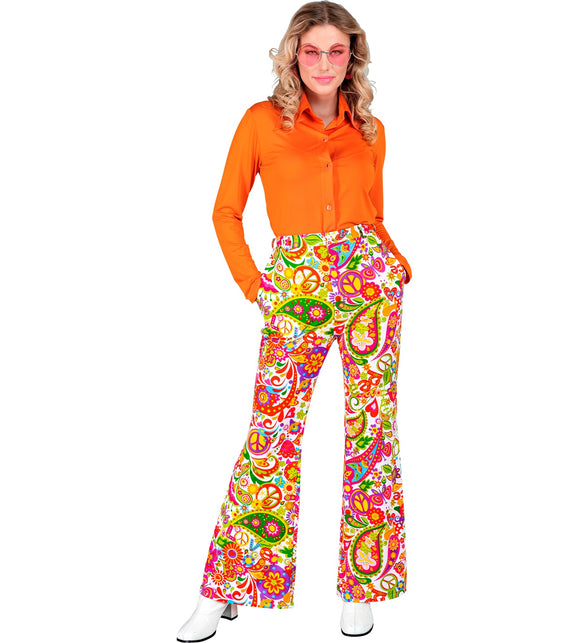 Peace paisley broek dames gedragen - hippie discobroek retro sixties