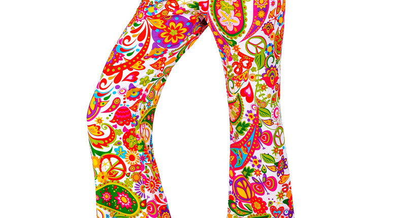 Jaren 70 broek peace party dames - paisley hippie discobroek met peace motief