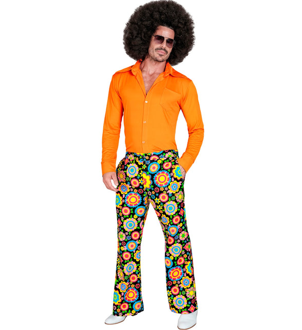Jaren 70 bloemen broek heren detail - kleurrijke hippie discobroek sixties