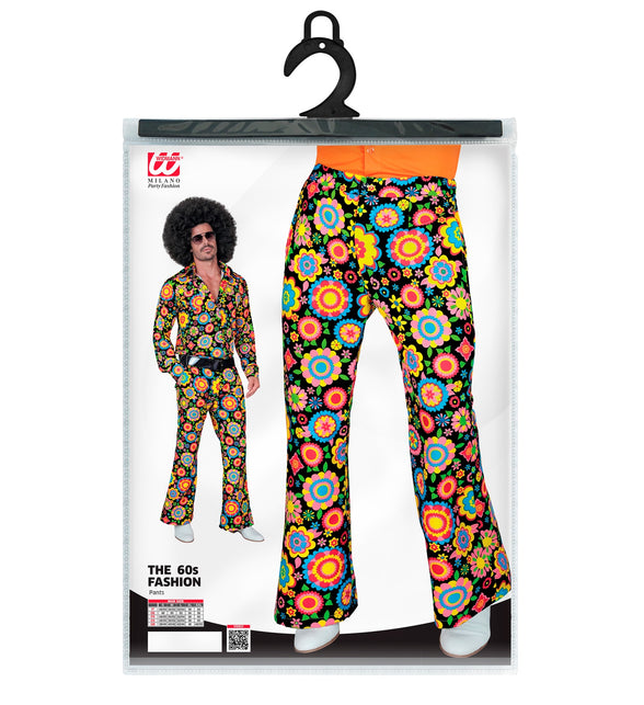 Jaren 70 broek bloemenfeest achterkant - kleurrijke hippie discobroek heren