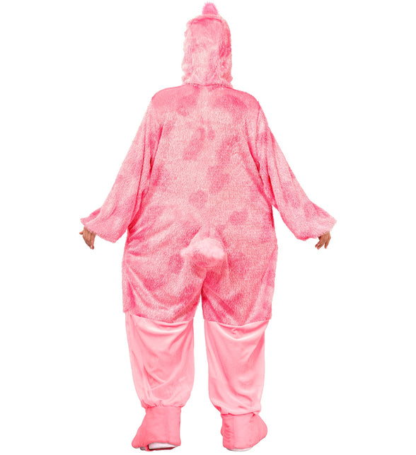 Achterkant flamingo jumpsuit met lichtroze pluimstaartje en capuchon