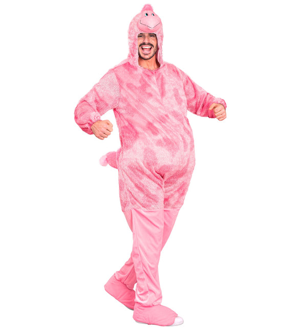 Flamingo onesie heren, pluche roze jumpsuit met snavelcapuchon en staartje