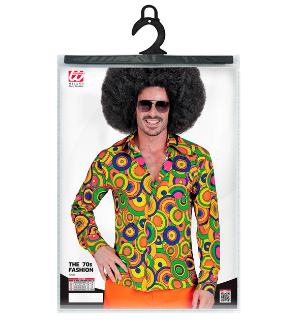 Jaren 70 groovy cirkels shirt heren achterkant - geel hippie discoshirt retro