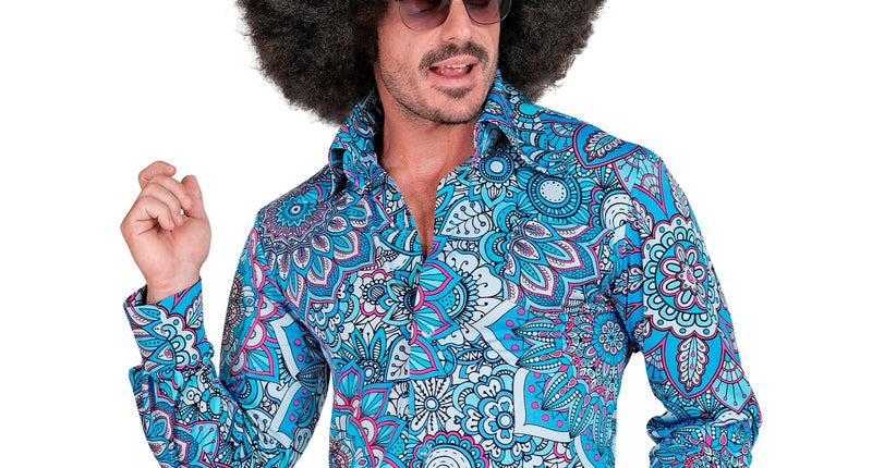 Jaren 70 shirt mandala blauw heren - blauw hippie discoshirt met mandalaprint