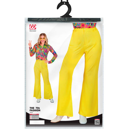 Jaren 70 damesbroek geel achterkant - gele hippie discobroek retro