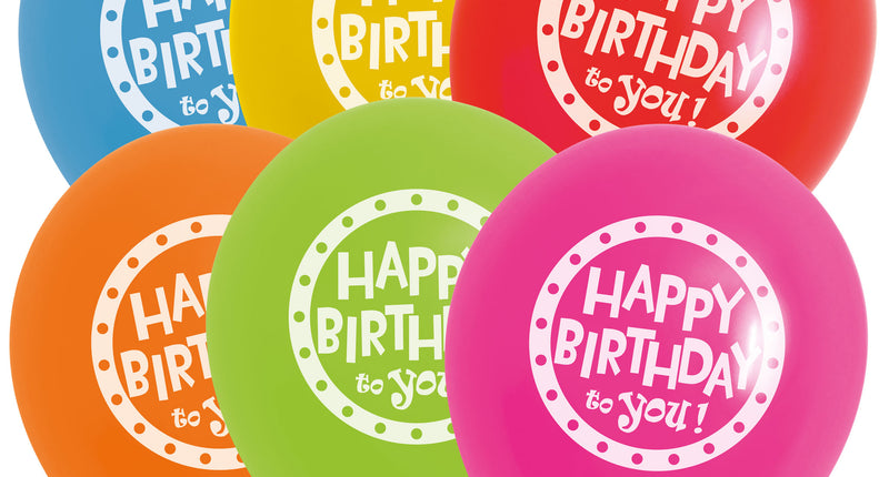 12 ballonnen Happy birthday to you in blauw, geel, rood, oranje, groen en roze met witte stippenring voor een verjaardag