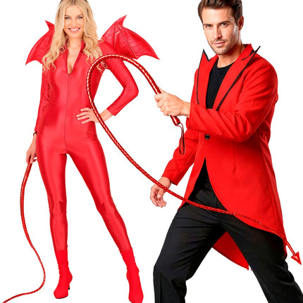 Duivel zweep staart rood gedragen door dame en heer in rode duivelsoutfit voor Halloween