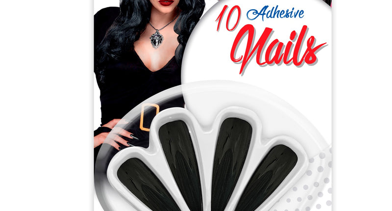 10 enge nagels zwart voor dames op kaart: tien glanzende puntnagels in verpakking voor Halloween
