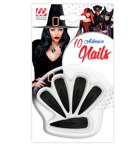 10 enge nagels zwart voor dames op kaart: tien glanzende puntnagels in verpakking voor Halloween