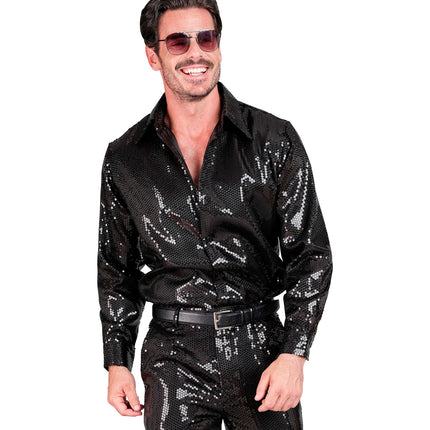 Pailletten discoshirt zwart heren - glitter shirt foute party rock and roll