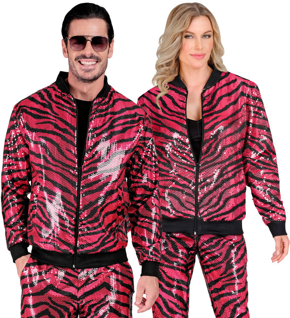 Roze zebra glitter bomberjack - gestreepte pailletten jas unisex foute party