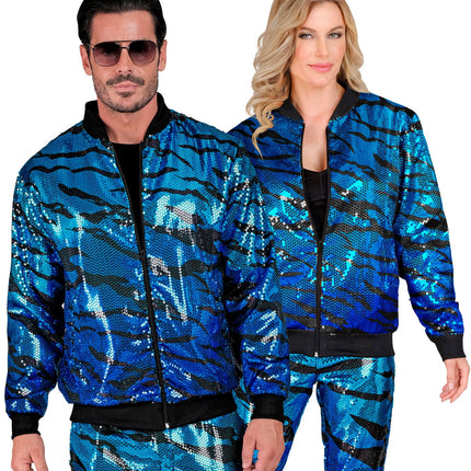 Blauwe glitter bomberjack - ocean pailletten jas unisex foute party