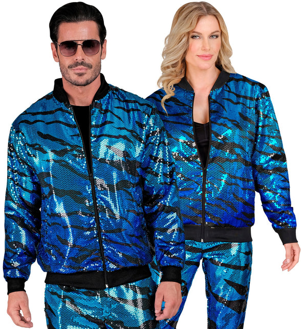 Blauwe glitter bomberjack - ocean pailletten jas unisex foute party