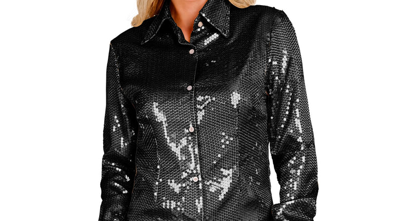 Paillettenshirt dames Aike zwart - zwart glitter discoshirt met pailletten