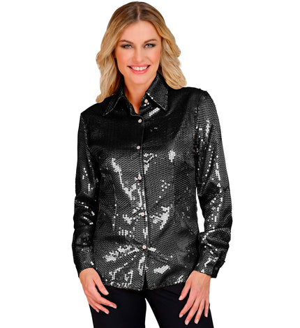 Paillettenshirt dames Aike zwart - zwart glitter discoshirt met pailletten