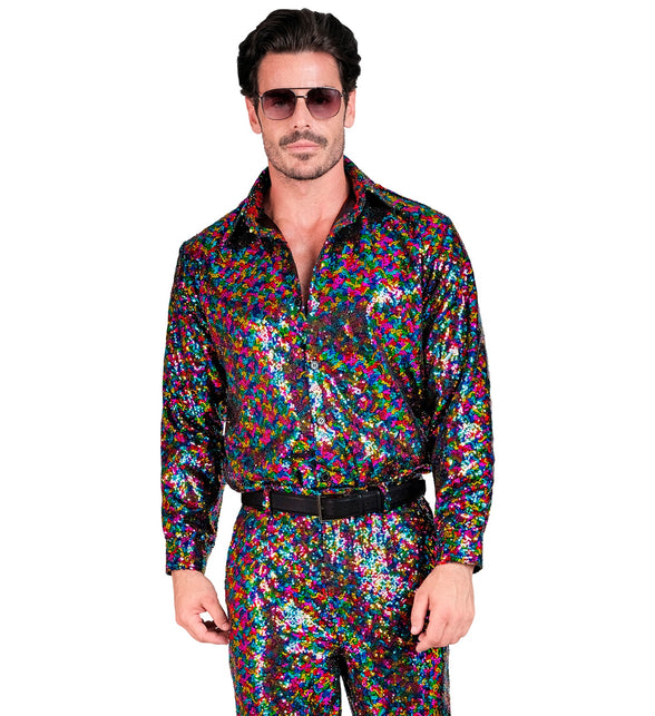 Pailletten discoshirt meerkleurig heren - regenboog glitter shirt foute party