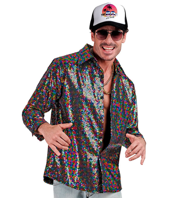 Meerkleurig paillettenshirt Marco heren detail - regenboog discoshirt glitter