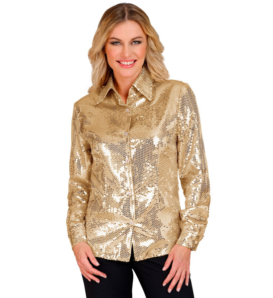 Gouden blouse pailletten dames - gouden glitter discoblouse met pailletten