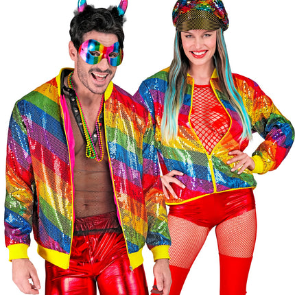 Pailletten bomberjack regenboog - kleurrijke glitterjas unisex Gay Pride