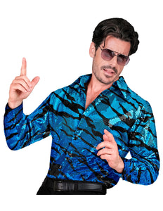 Paillettenshirt blauwe golven heren - glitter discoshirt met blauwe pailletten gedragen