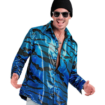 Blauwe golven paillettenshirt heren detail - glinsterend discoshirt glitter