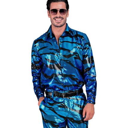 Pailletten discoshirt blauwe golven heren - glitter shirt foute party