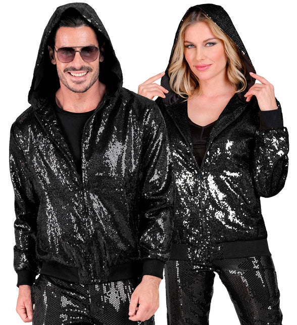 Zwarte pailletten bomberjas capuchon - glitter jack unisex foute party