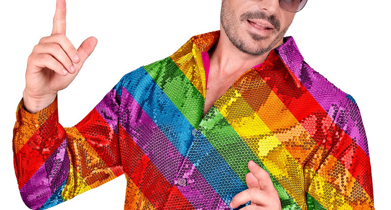 Paillettenshirt heren regenboog - regenboog glitter discoshirt met pailletten gedragen