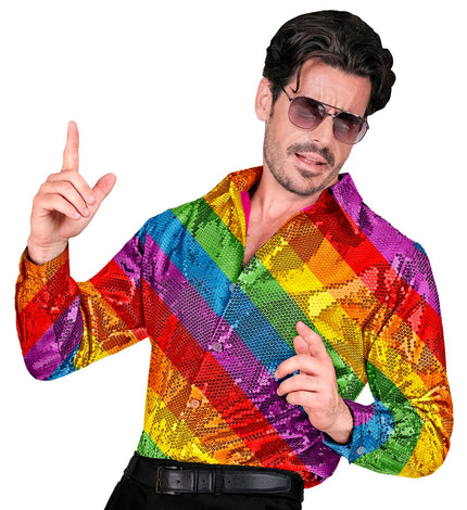 Paillettenshirt heren regenboog - regenboog glitter discoshirt met pailletten gedragen