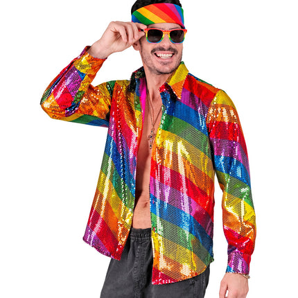 Regenboog paillettenshirt heren detail - kleurrijk discoshirt glitter pride