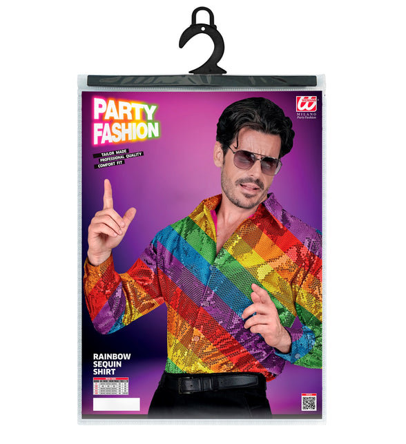 Paillettenshirt heren regenboog achterkant - regenboog glitter discoshirt disco
