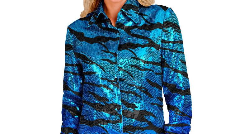 Paillettenshirt dames blauwe golven - glitter discoshirt met blauwe pailletten