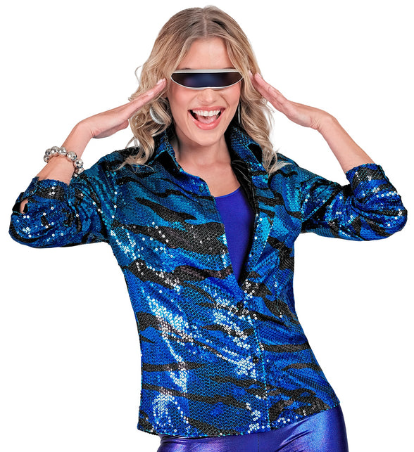 Blauwe pailletten shirt dames - glinsterend disco glittershirt verkleedkleding