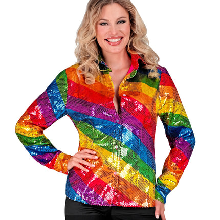 Glitter regenboog paillettenshirt dames - Lisa discoshirt pride foute party