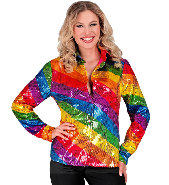 Glitter regenboog paillettenshirt dames - Lisa discoshirt pride foute party