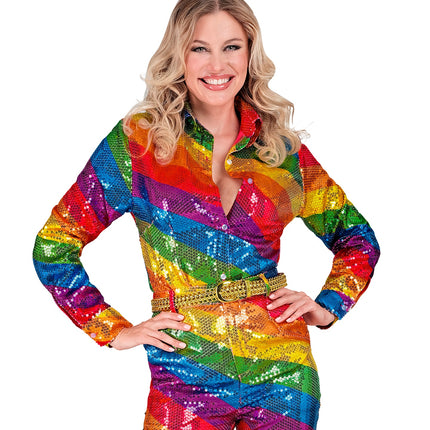Pailletten discoshirt regenboog dames detail - glitter shirt Gay Pride party