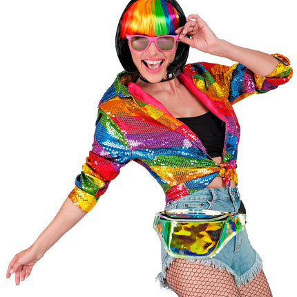 Regenboog paillettenshirt Lisa dames - kleurrijk discoshirt glitter pride