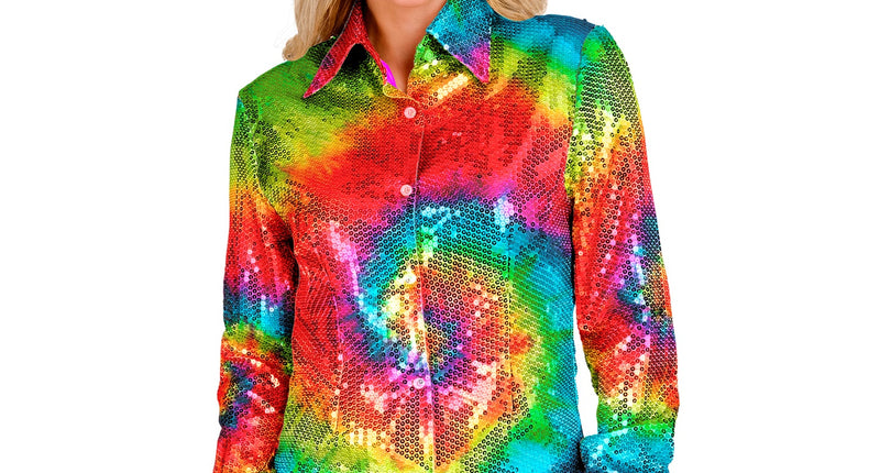 Paillettenshirt dames tie dye meerkleurig - kleurrijk glitter discoshirt met tie dye pailletten